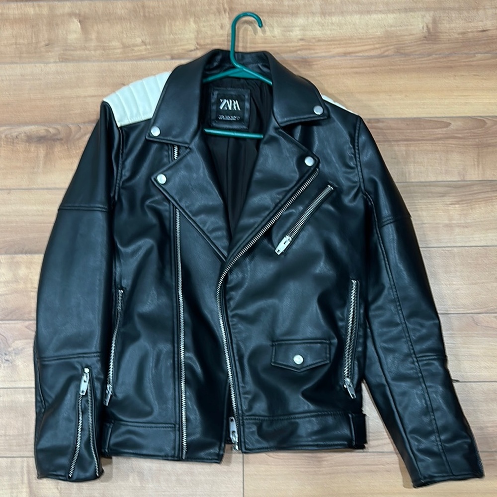 Black Leather Motorcycle Jacket with Asymmetrical Zipper and Wide Lapel Collar
